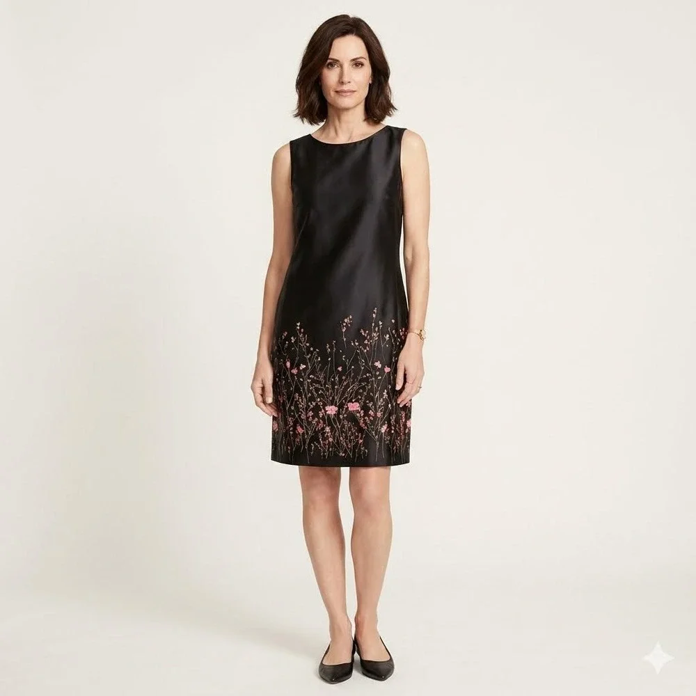ann taylor cocktail dress Black Sleeveless Sheath Shell 100% Ann Taylor Petite Floral Belted
